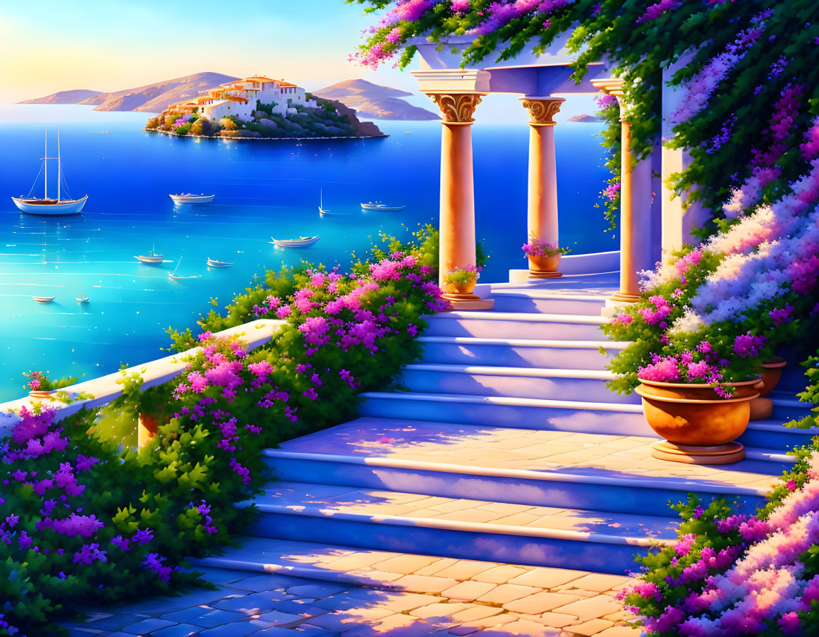 Marble Steps, Columns, Flowers, Vines, Yachts, Blue Waters