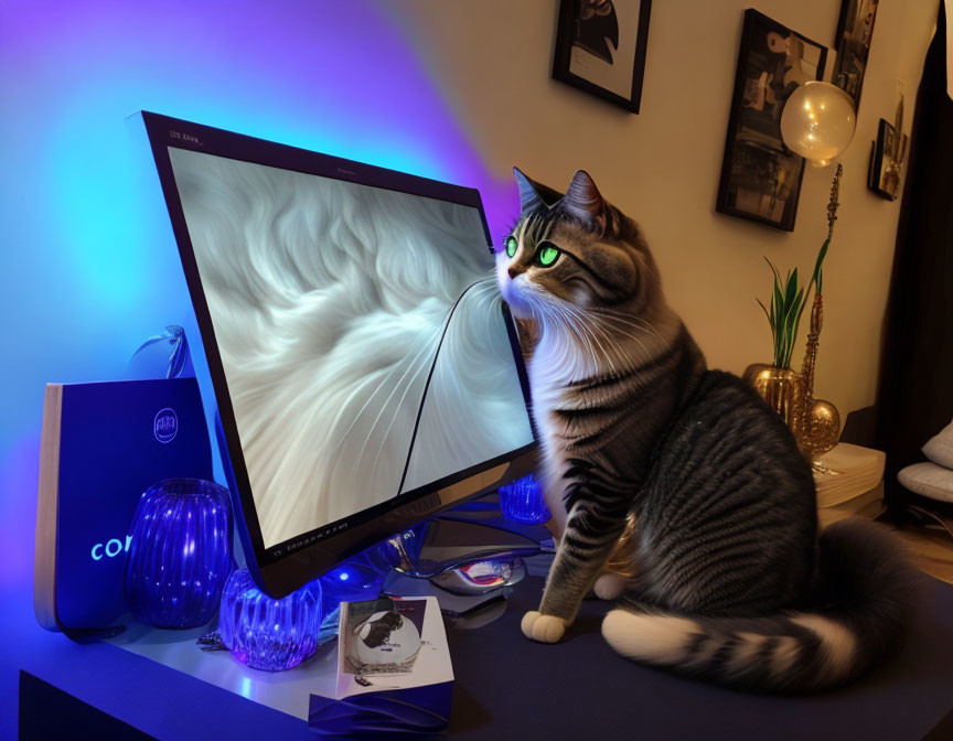 Tabby cat beside computer monitor on illuminated desk