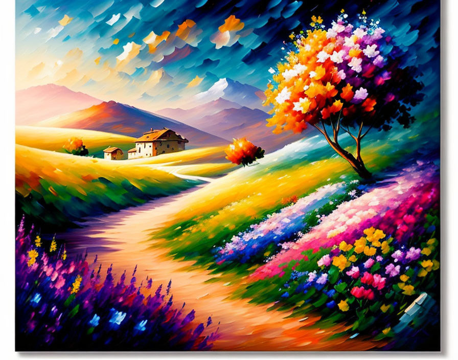 Colorful flowering fields, winding path, blooming tree, quaint house under dynamic sky