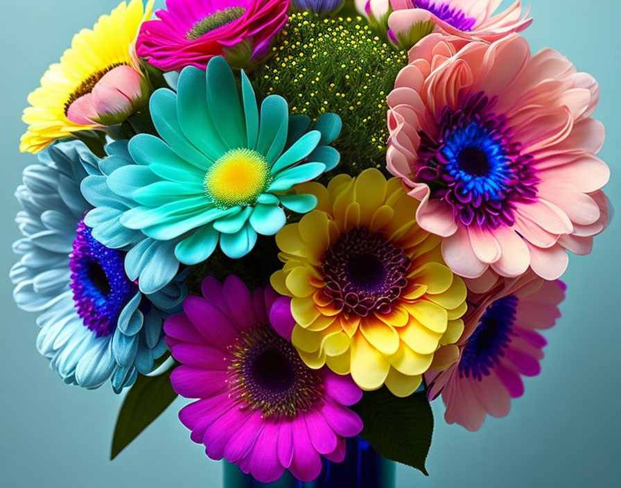 Colorful Flower Bouquet Against Blue Background