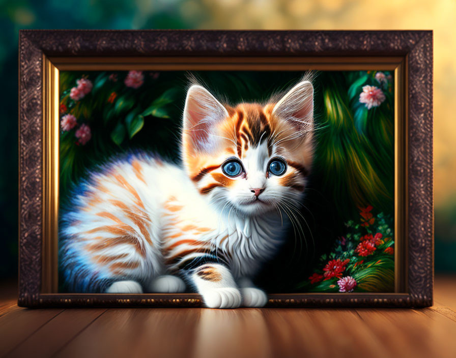 Orange and White Kitten Painting in Brown Frame with Blue Eyes