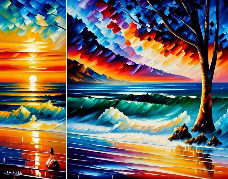 Colorful Sunset Triptych Painting with Ocean, Tree, and Figure