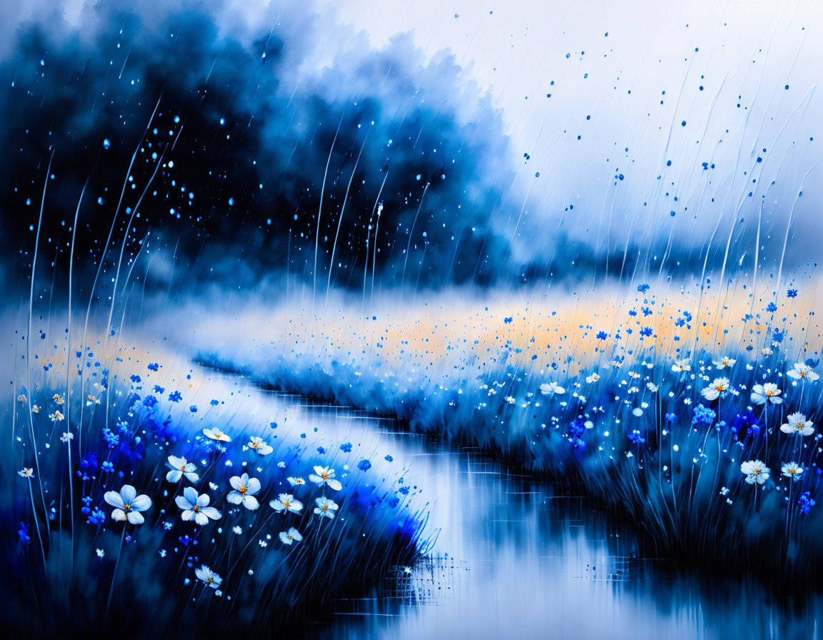 Serene blue-toned landscape with river, flowers, rain, misty sky