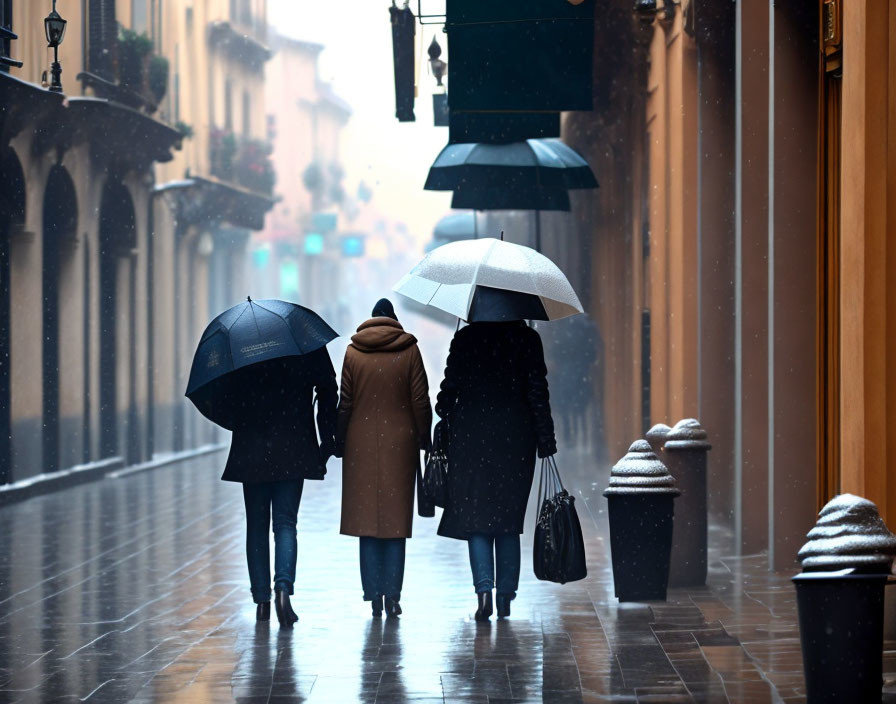 Three individuals with umbrellas stroll on rainy city street with buildings.