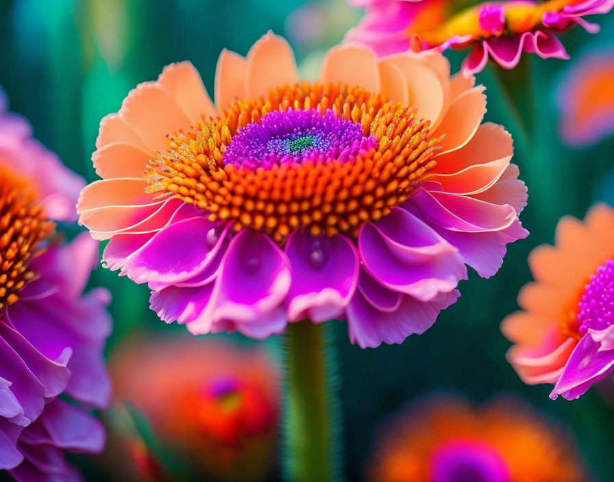 Bright Orange-Pink Gerbera Daisy with Water Droplets on Petals