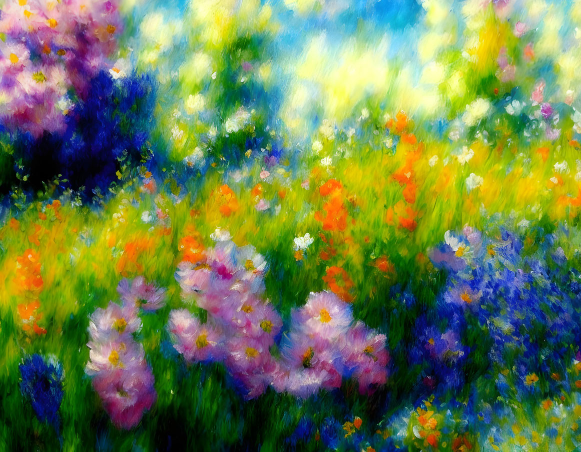 Colorful Impressionist Flower Meadow Painting with Blues, Yellows, Pinks