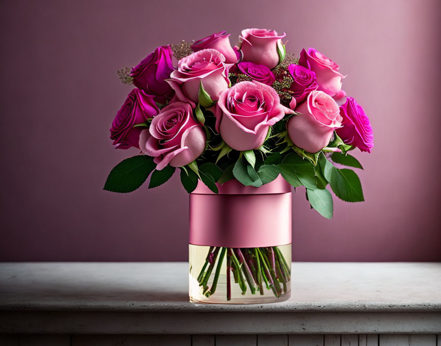 Pink Roses Bouquet in Pink and Gold Vase on Table with Mauve Backdrop