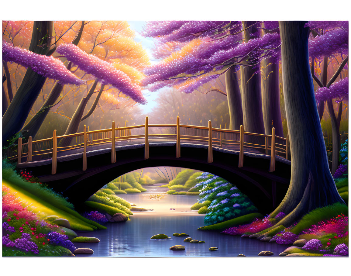 Serene stream and wooden bridge in magical landscape