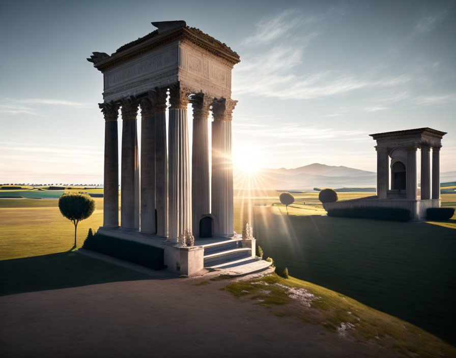 Neoclassical structures in serene sunrise landscape