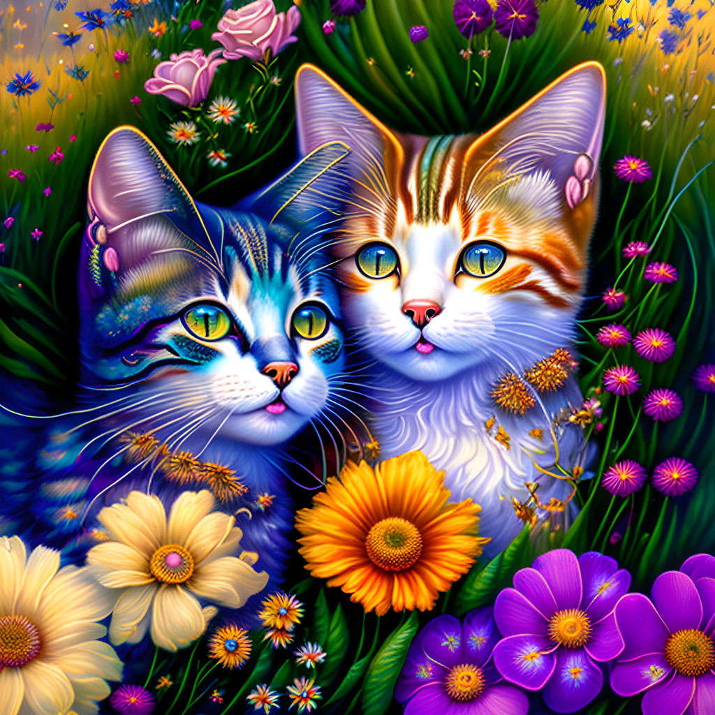 Vibrantly colored illustrated cats with blue and orange hues in floral setting