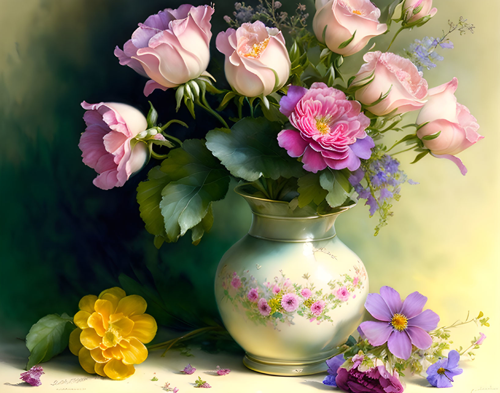 Colorful Flowers Still Life Painting on Gradient Background