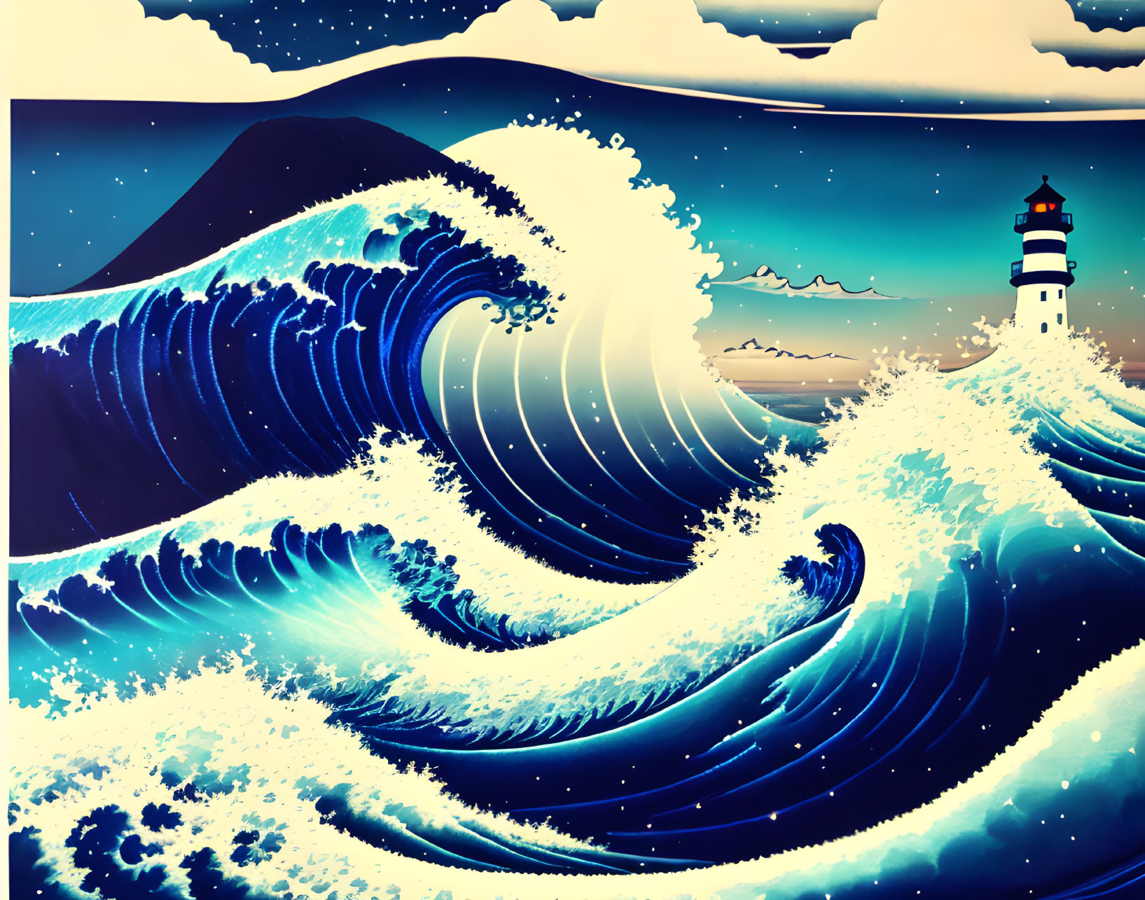 Illustration: Towering Blue Waves, Lighthouse, Crescent Moon