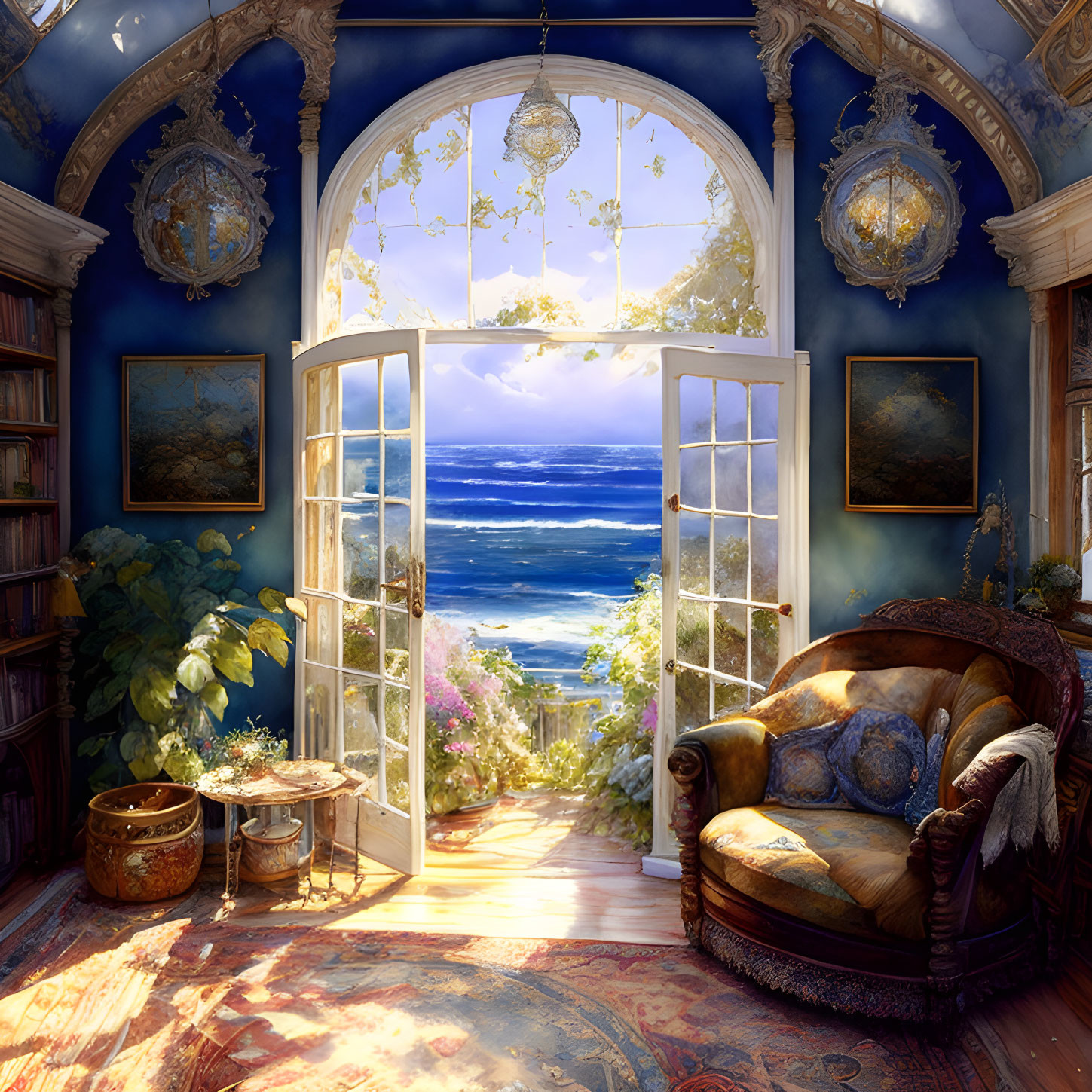 Sunlit reading nook with plush chair, bookshelves, decor, and ocean view