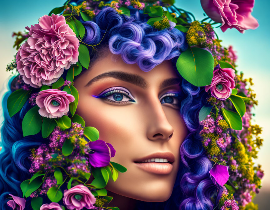 Colorful illustration: Woman with curly blue hair and floral wreath on teal background