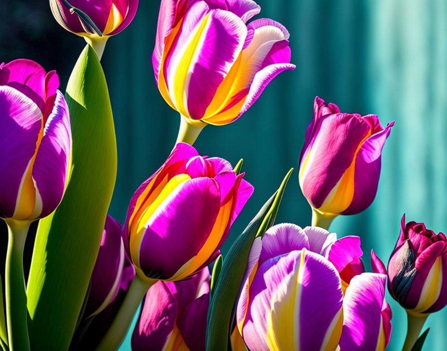 Colorful tulips in pink and yellow on teal background under sunlight