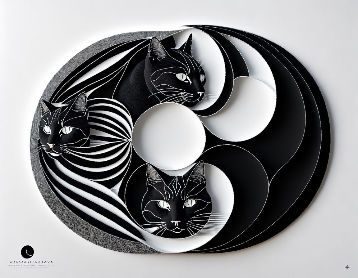 Stylized black and white cats in yin-yang symbol with intricate patterns