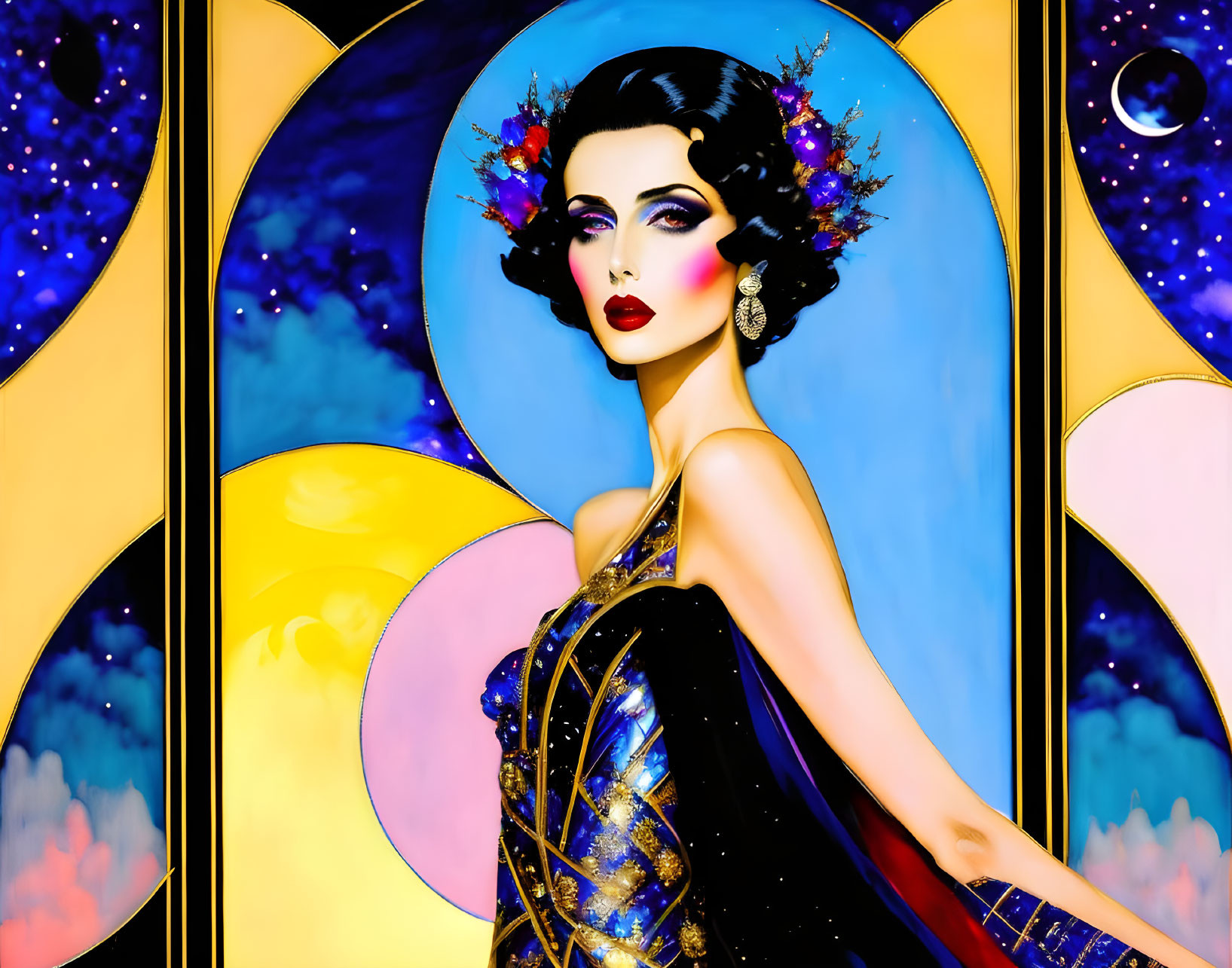 Stylized portrait of woman with dramatic makeup and flower-adorned hairstyle against vibrant art deco background