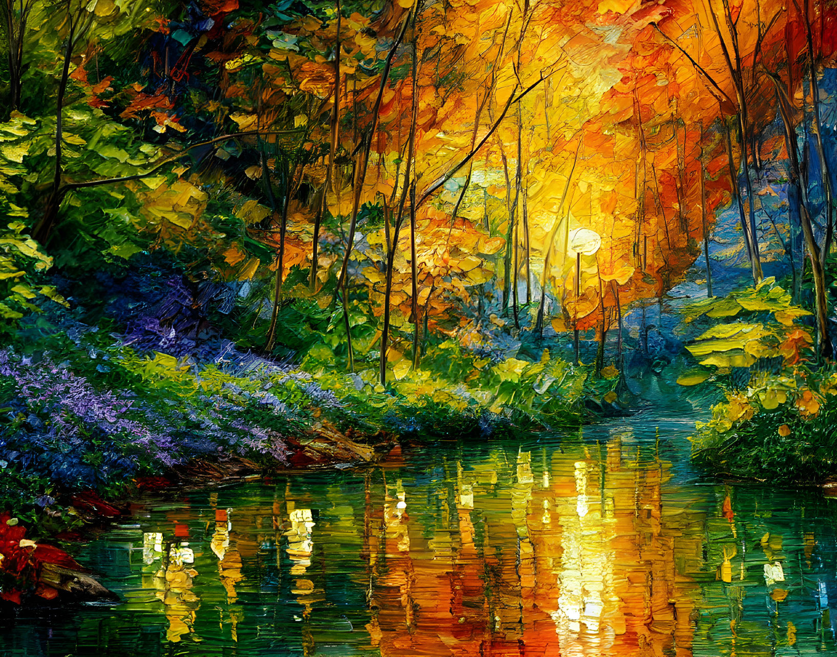 Colorful oil painting: forest, lake, autumn trees, sunset reflections