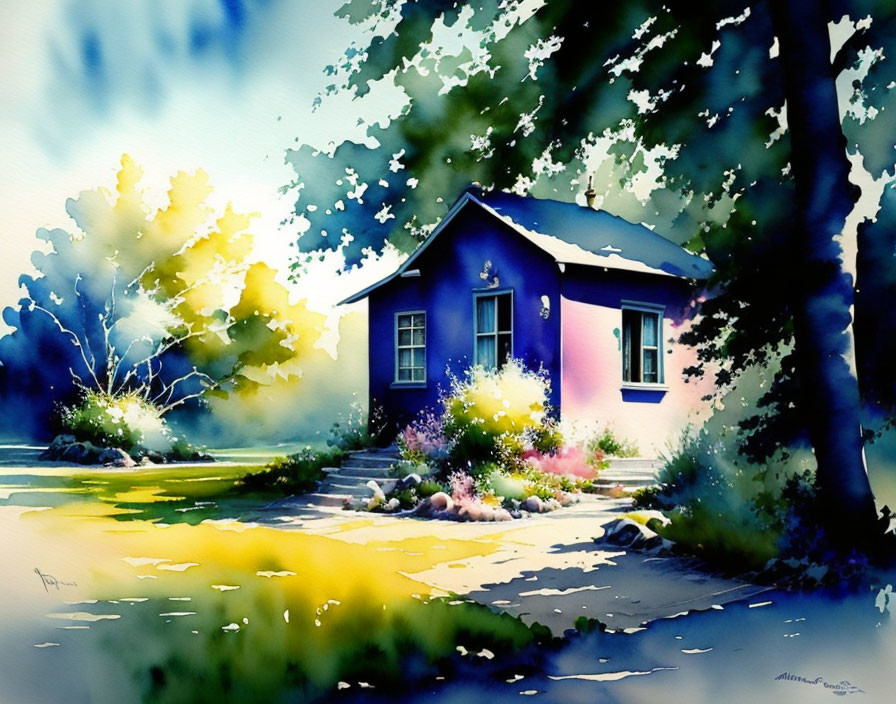 Colorful Watercolor Painting of Blue House & Nature Scene