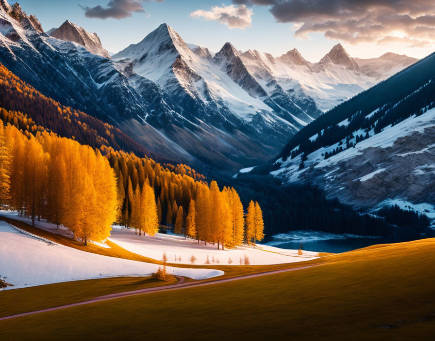 Golden larch trees, snow patches, meandering road, and snow-capped mountains in autumn landscape