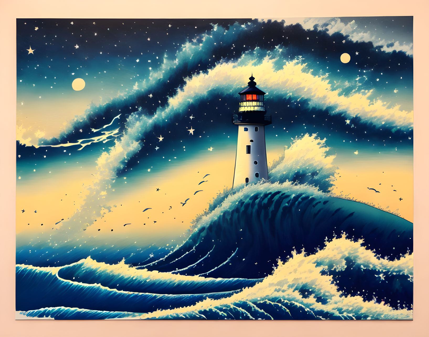 Digital art: Lighthouse on Cliff with Wave, Night Sky, Planets, Birds