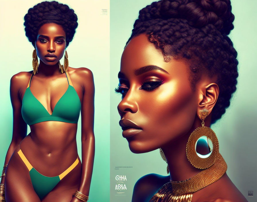 Dark-skinned woman in teal bikini with afro hairstyle and golden accessories on blue background