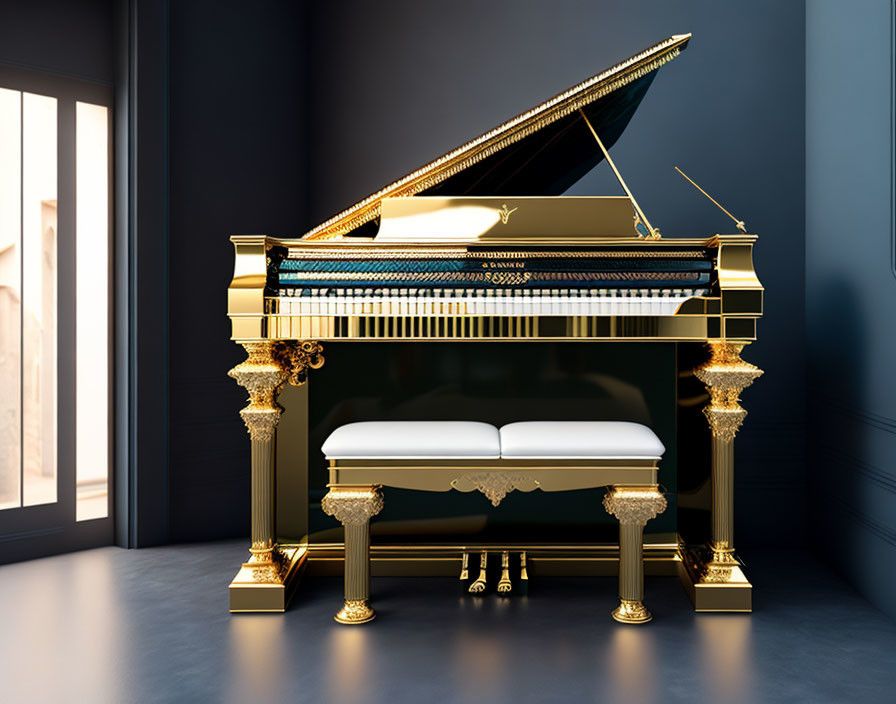 Luxurious grand piano with gold details in room with grey wall and natural light.