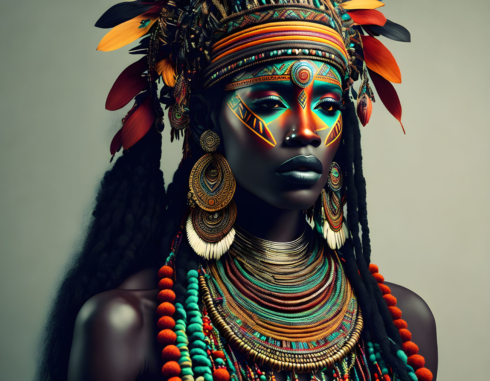 Traditional tribal attire: Woman in vibrant face paint, elaborate headdress, and colorful jewelry