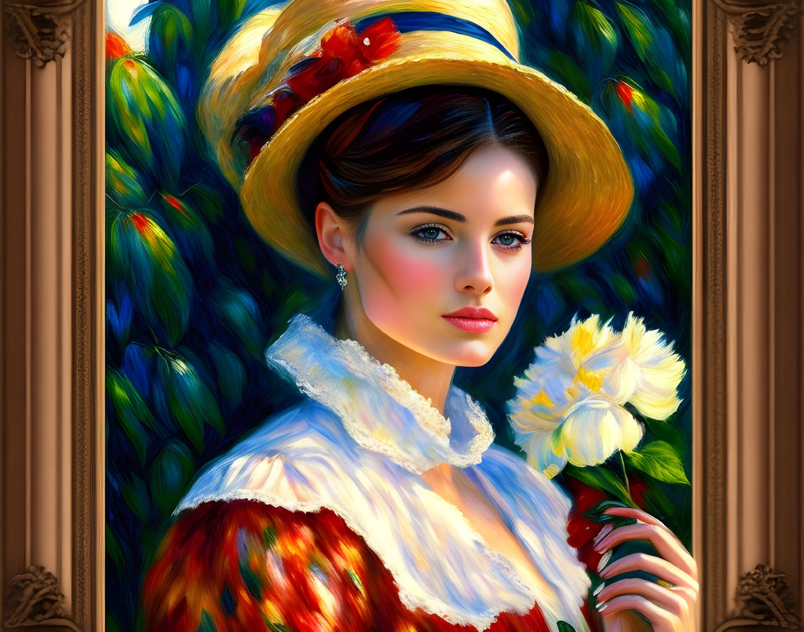 Digital painting of woman in vintage attire with wide-brimmed hat and white flower against impressionistic backdrop