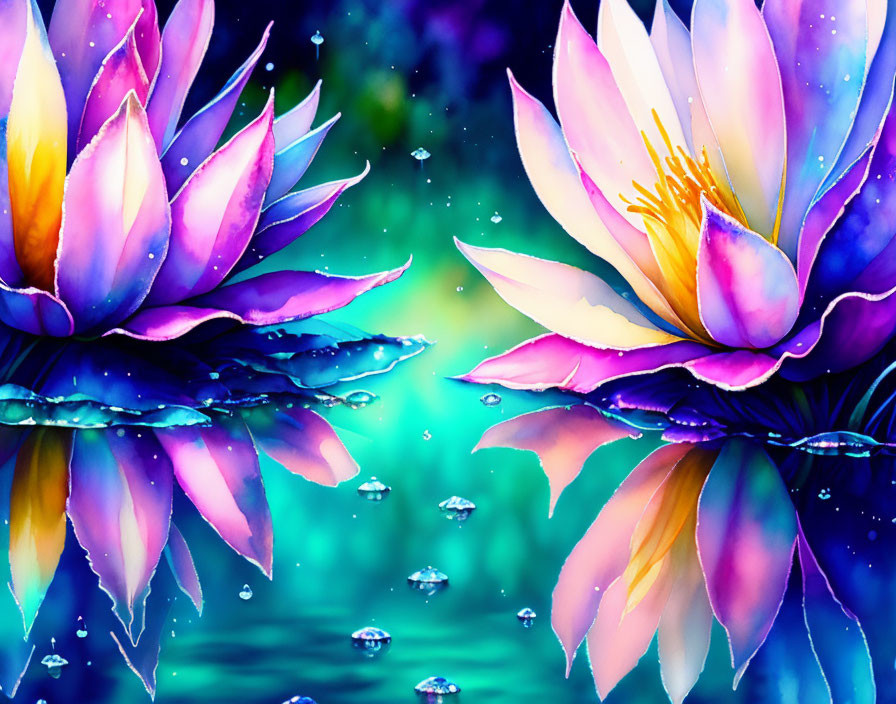 Colorful Lotus Flowers Artwork on Blue Water Background