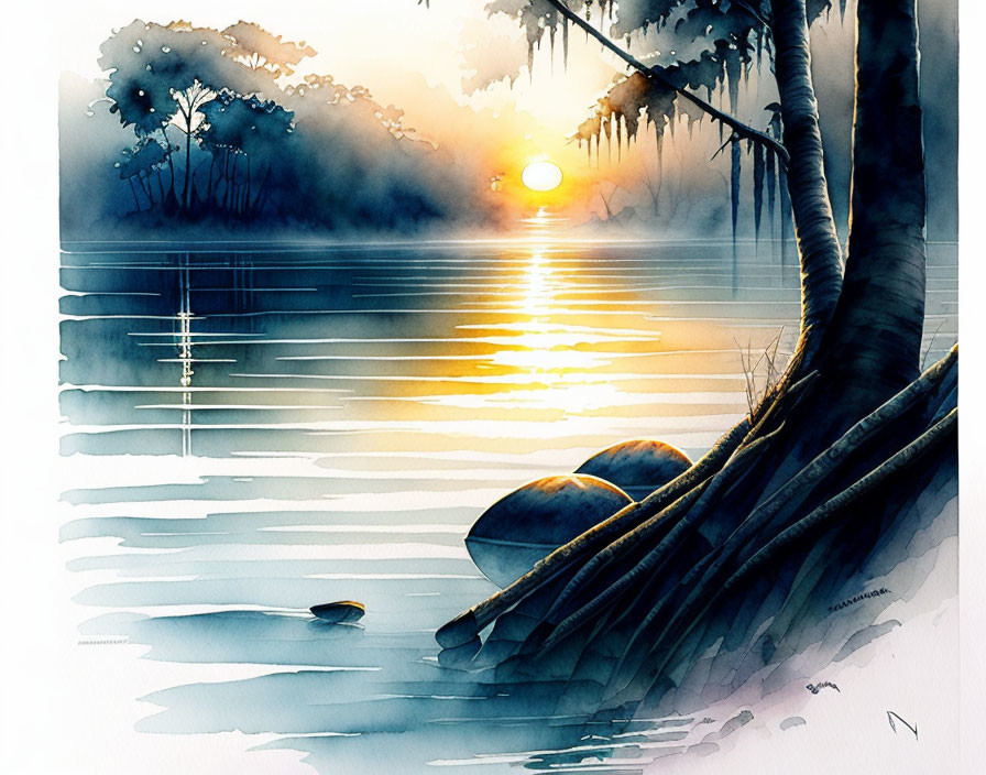 Serene lake sunrise watercolor painting with tree silhouettes, sun reflection, and shore rocks