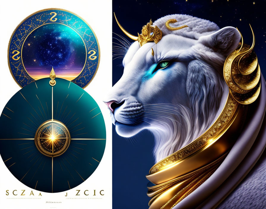 White lion with blue eyes, golden jewelry, cosmic backdrop, celestial elements