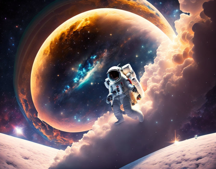 Astronaut in space suit above moon-like surface with colorful planet and stars