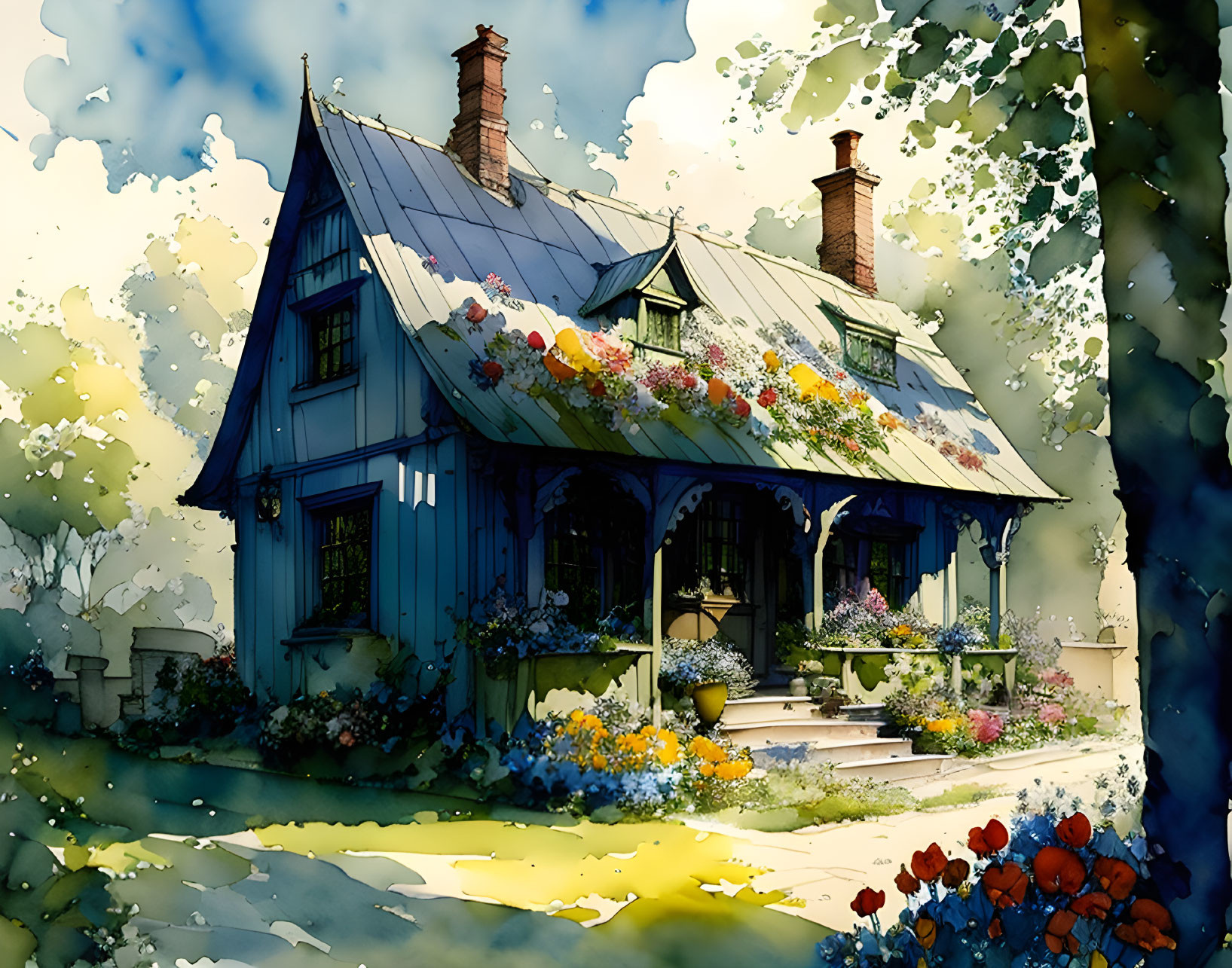 Blue cottage with flower-covered roof in lush greenery