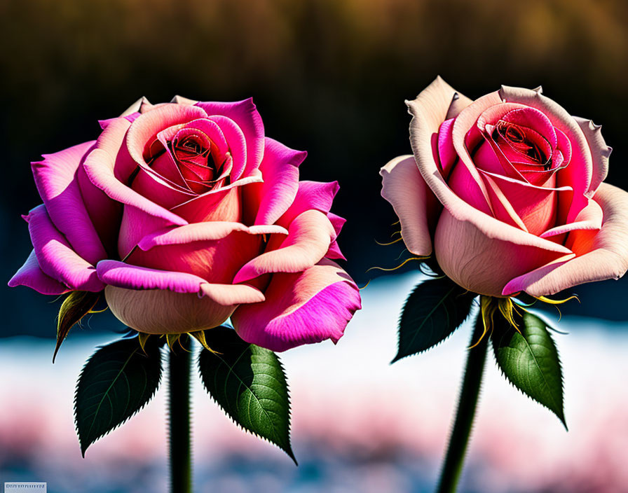 Vibrant pink roses with yellow edges on soft-focus background