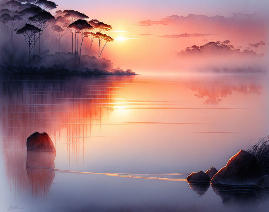 Sunrise over misty lake with silhouetted trees