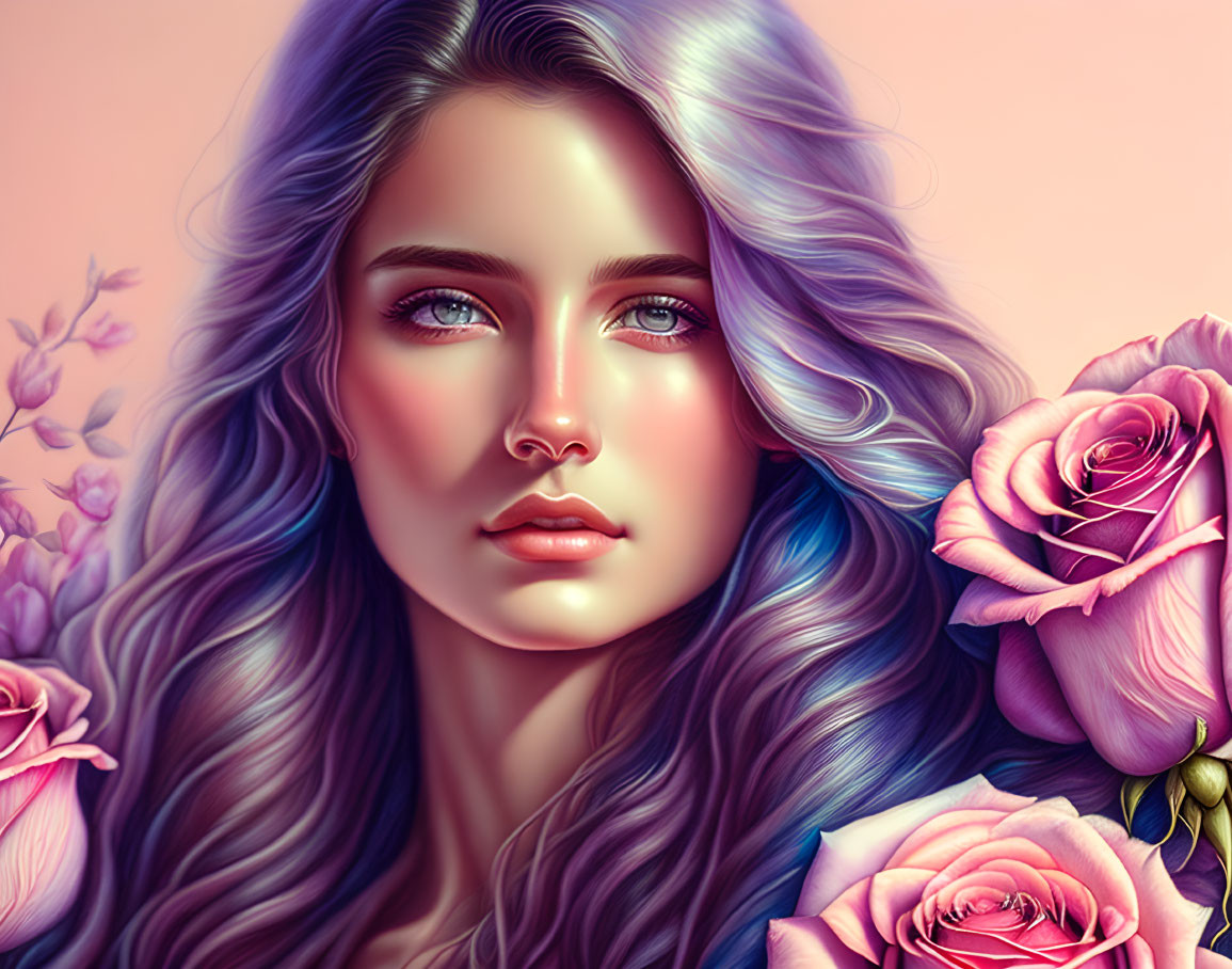 Woman with Purple Hair and Blue Eyes Surrounded by Pink Roses on Pastel Background