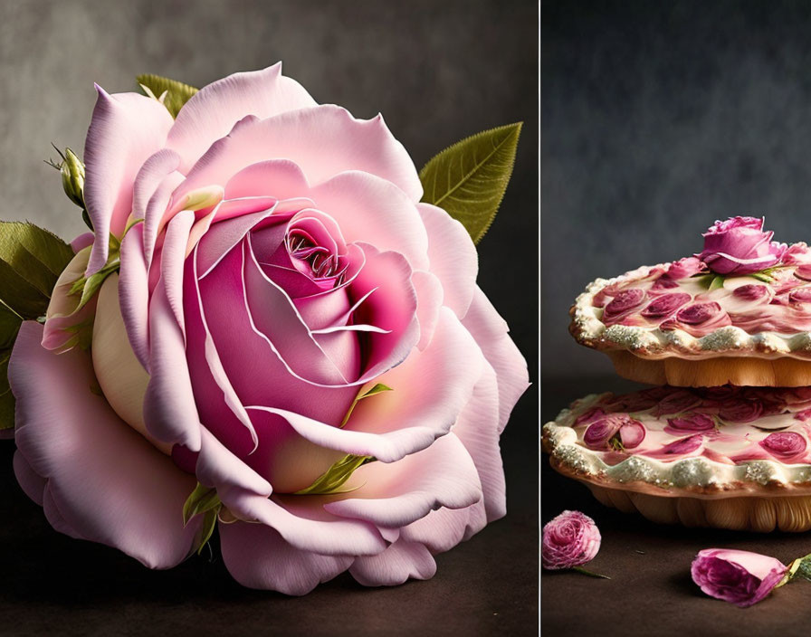 Detailed pink rose petals and dessert with rose petals on dark background