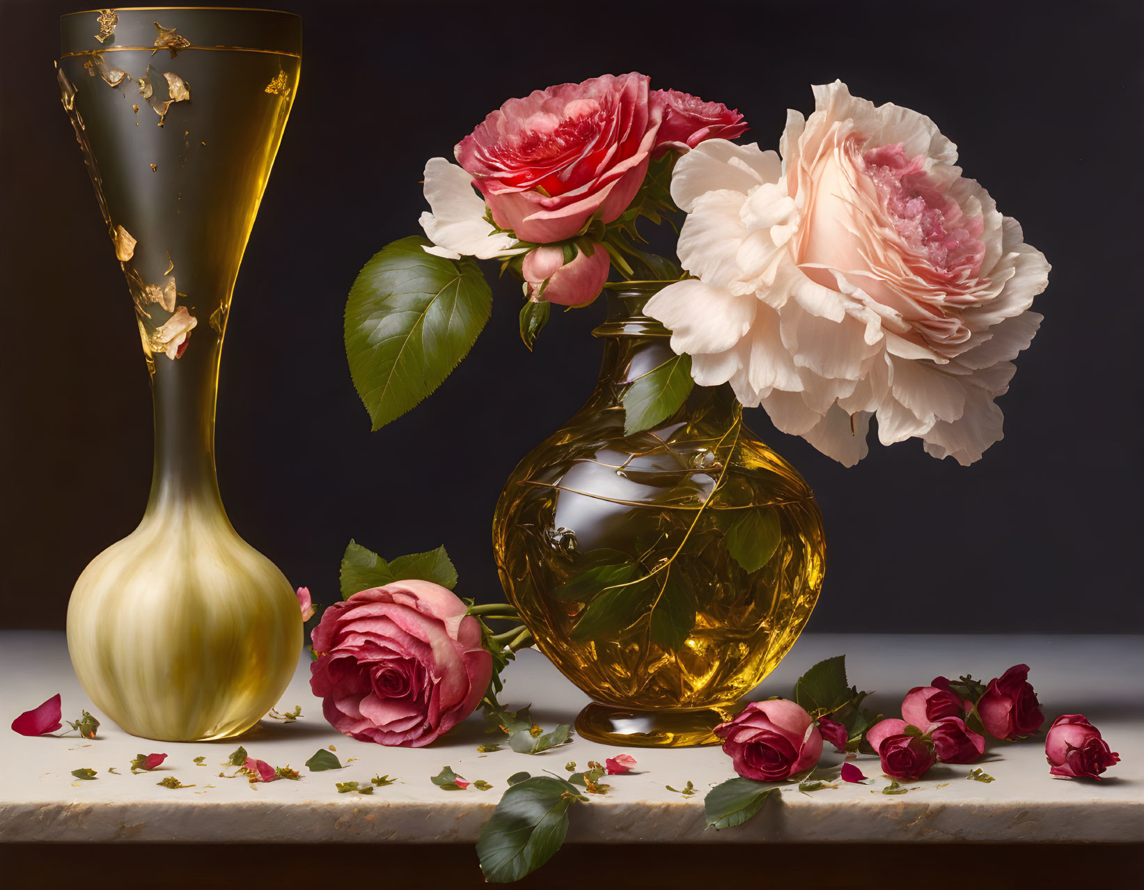 Still life painting: tall glass vase, gold details, amber bottle, pink roses, scattered petals on