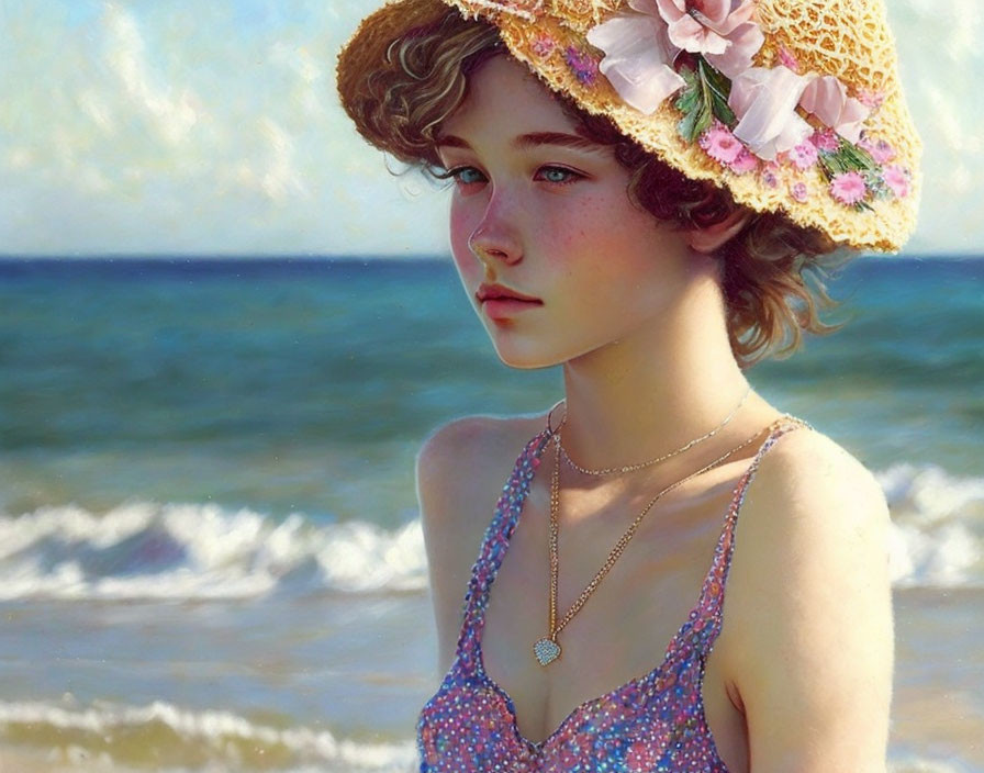 Young girl in floral hat and polka-dot dress by seashore.