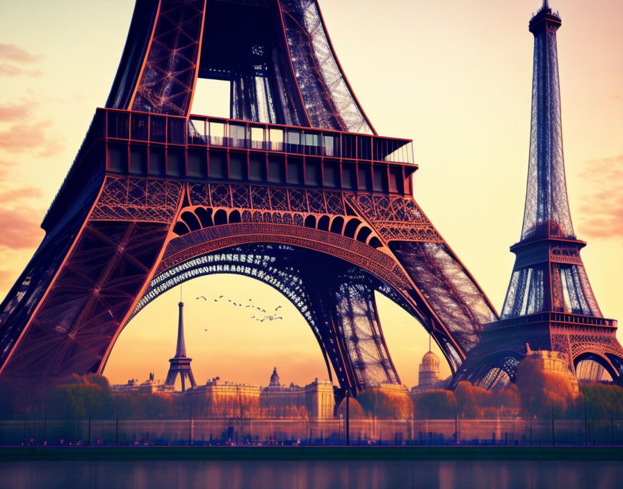 Scenic sunset view of Eiffel Tower and Seine River skyline