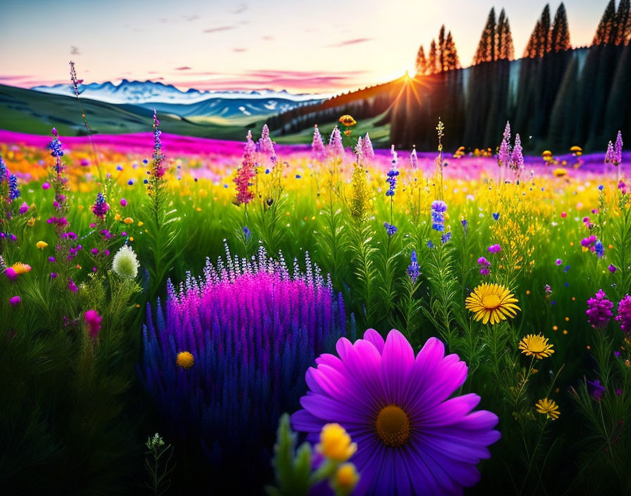 Colorful Wildflower Meadow at Sunset with Silhouetted Pine Trees