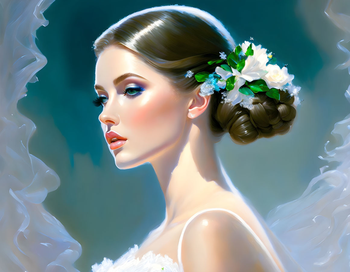 Woman's portrait with floral hair accessory, soft makeup, white bridal attire, blue backdrop