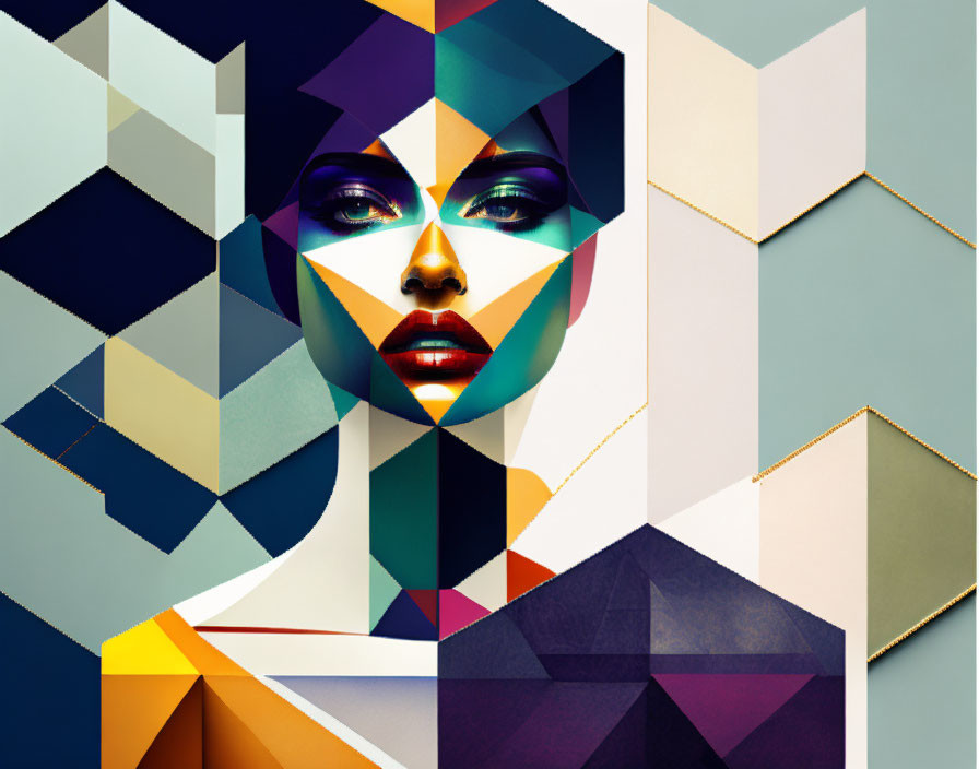 Colorful geometric portrait of a woman's face in abstract art.