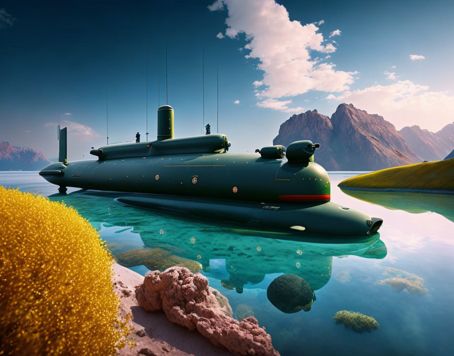 Submarine surfaced near shoreline with clear blue waters and dramatic mountains.