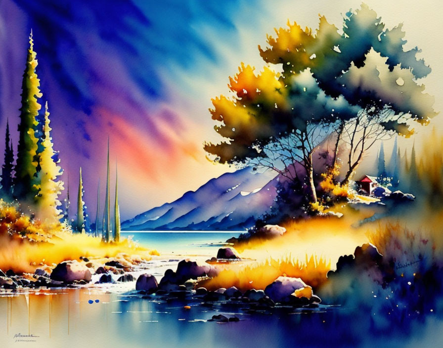 Serene lake scene with colorful trees and mountains at sunset