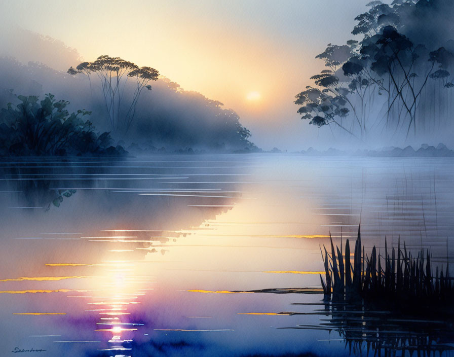 Tranquil watercolor painting of sunrise lake scene