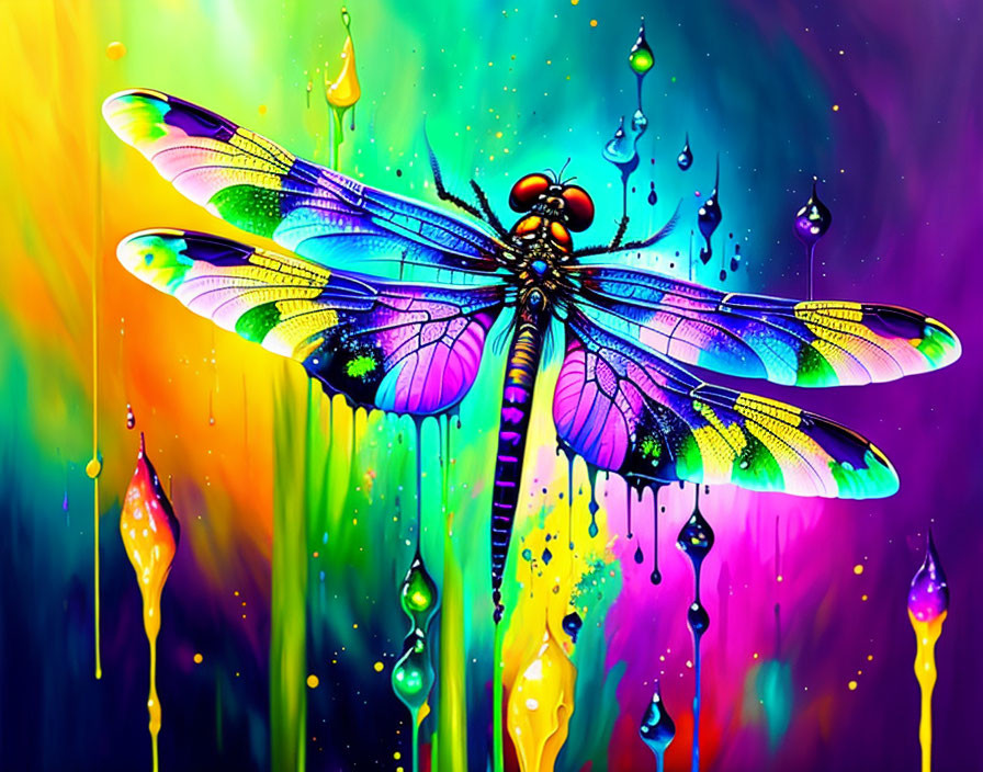 Colorful Dragonfly Artwork with Rainbow Background