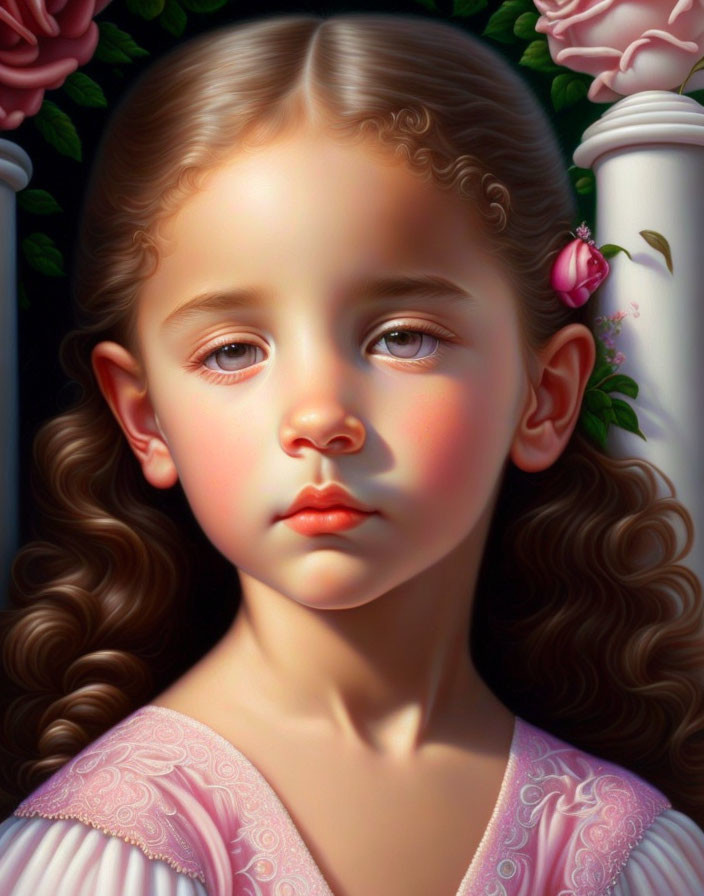 Digital painting of young girl with curly brown hair, brown eyes, serene expression, roses, and white