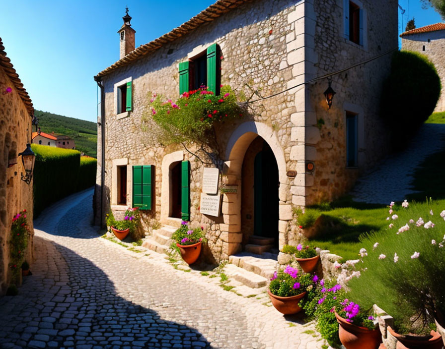 Stone house with green shutters and pink flowers on cobblestone street